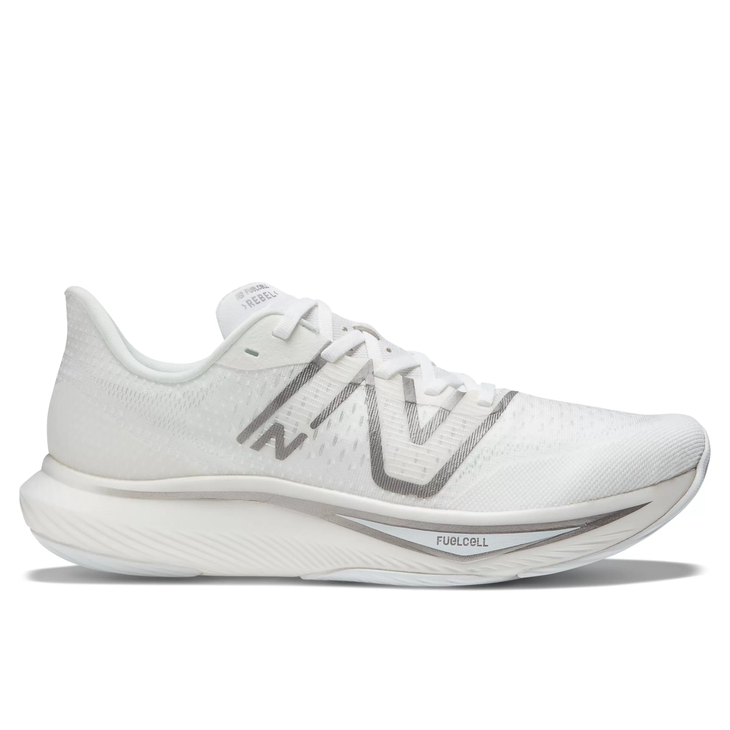 New Balance Chaussures de Running | Course de moyenne distance-FuelCellRebelv3 White avec Dark Silver Metallic et Light Silver Metallic