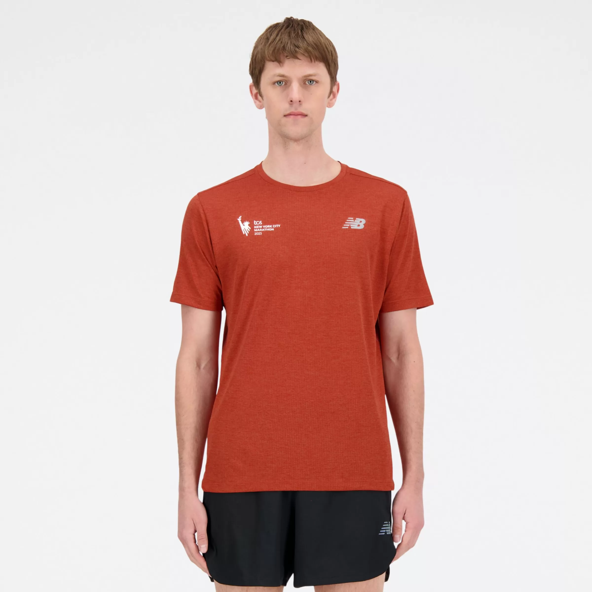 New Balance Vêtements Soldes-NYCMarathonImpactRunShortSleeve BRICK RED HEATHER